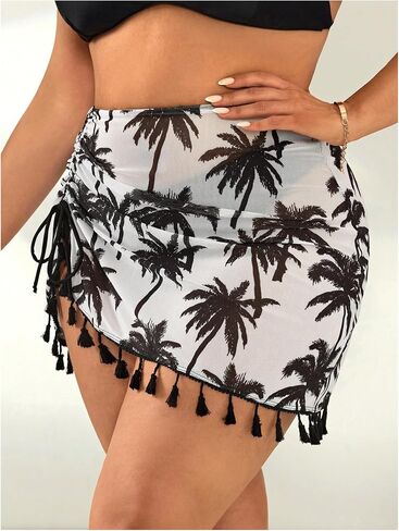 WDIRARA Women's Plus Size Swimsuit Coverup Tropical Ruched Fringe Beach Skirt Cover Ups in Kuwait