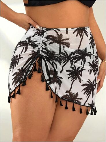 WDIRARA Women's Plus Size Swimsuit Coverup Tropical Ruched Fringe Beach Skirt Cover Ups in Kuwait