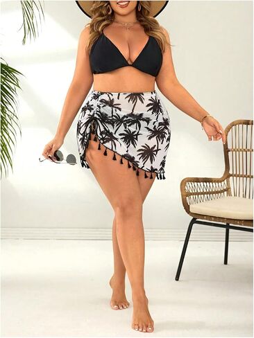 WDIRARA Women's Plus Size Swimsuit Coverup Tropical Ruched Fringe Beach Skirt Cover Ups in Kuwait