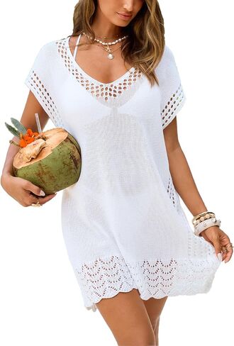 CUPSHE Swimsuit Coverup for Women Dolman Sleeve Hollow Out Crochet Summer Beach Cover Up Dress for Swimwear in Kuwait