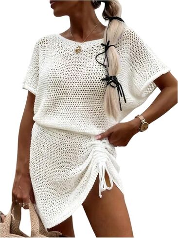 GORGLITTER Women's Crochet Cover Up Dress Summer Short Sleeve Drawstring High Waisted Beach Vacation Coverup in Kuwait