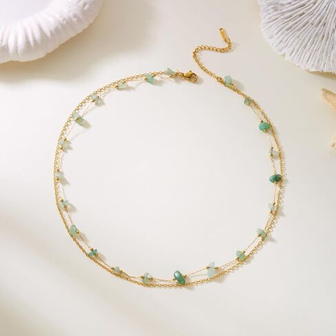 Harlermoon Natural Stone Layered Necklace for Women - 18K Gold Plated Stainless Steel Dainty Beaded Choker, Waterproof Tarnish Resistant Boho Summer Beach Jewelry Gift Box in Saudi Arabia