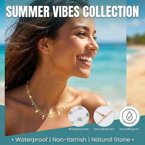 Harlermoon Natural Stone Layered Necklace for Women - 18K Gold Plated Stainless Steel Dainty Beaded Choker, Waterproof Tarnish Resistant Boho Summer Beach Jewelry Gift Box in Saudi Arabia