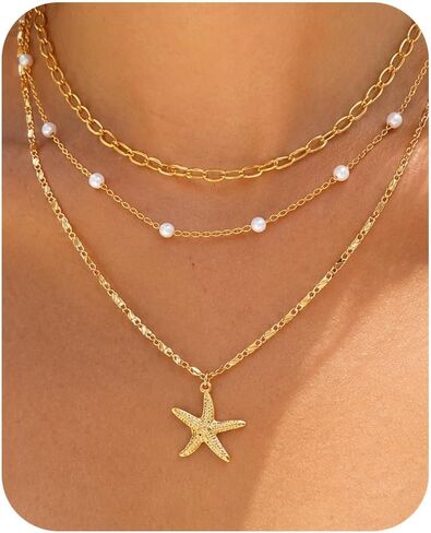 Starfish Necklace Beach Summer Layered Necklaces for Women Non Tarnish Waterproof 14K Gold Plated Pearl Necklace Stack Dainty Choker Paperclip Chain Cute Ocean Pendant Charm Trendy Vacation Jewelry Gift in Saudi Arabia