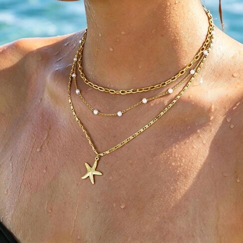 Starfish Necklace Beach Summer Layered Necklaces for Women Non Tarnish Waterproof 14K Gold Plated Pearl Necklace Stack Dainty Choker Paperclip Chain Cute Ocean Pendant Charm Trendy Vacation Jewelry Gift in Saudi Arabia