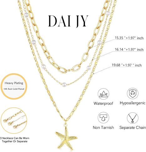 Starfish Necklace Beach Summer Layered Necklaces for Women Non Tarnish Waterproof 14K Gold Plated Pearl Necklace Stack Dainty Choker Paperclip Chain Cute Ocean Pendant Charm Trendy Vacation Jewelry Gift in Saudi Arabia