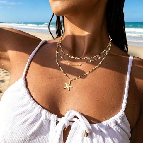 Starfish Necklace Beach Summer Layered Necklaces for Women Non Tarnish Waterproof 14K Gold Plated Pearl Necklace Stack Dainty Choker Paperclip Chain Cute Ocean Pendant Charm Trendy Vacation Jewelry Gift in Saudi Arabia