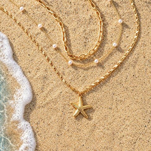 Starfish Necklace Beach Summer Layered Necklaces for Women Non Tarnish Waterproof 14K Gold Plated Pearl Necklace Stack Dainty Choker Paperclip Chain Cute Ocean Pendant Charm Trendy Vacation Jewelry Gift in Saudi Arabia