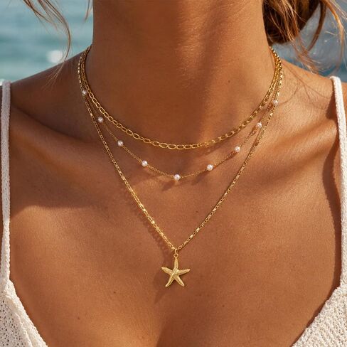 Starfish Necklace Beach Summer Layered Necklaces for Women Non Tarnish Waterproof 14K Gold Plated Pearl Necklace Stack Dainty Choker Paperclip Chain Cute Ocean Pendant Charm Trendy Vacation Jewelry Gift in Saudi Arabia
