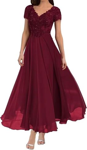 Lace Tea Length Mother of The Bride Dresses for Wedding Chiffon V Neck Formal Evening Dress with Sleeves in Kuwait