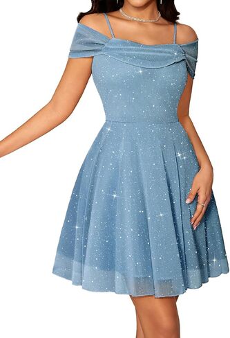 Meetjen Womens Sparkly Prom Dresses for Teens Off Shoulder Short A-line Fairy Spaghetti Straps Homecoming Tulle Dress in Saudi Arabia