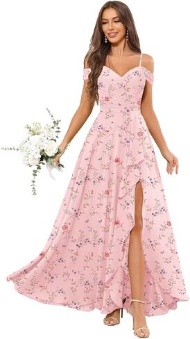 Sukleet Women's Off the Shoulder Bridesmaid Dress Long for Wedding Chiffon Formal Dress with Slit in Saudi Arabia