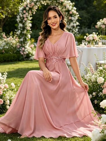 Short Sleeve Mother of The Groom Dresses for Women V Neck Lace Applique Mother of Bride Dress in Kuwait