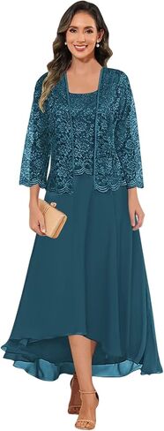2 Pieces Tea Length Mother of The Bride Dresses with Jacket Chiffon Lace Formal Evening Gown in Saudi Arabia