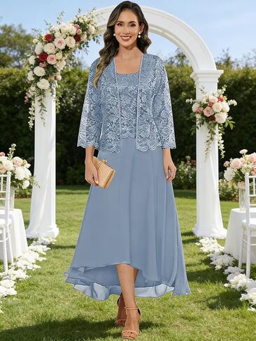 2 Pieces Tea Length Mother of The Bride Dresses with Jacket Chiffon Lace Formal Evening Gown in Saudi Arabia
