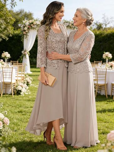 2 Pieces Tea Length Mother of The Bride Dresses with Jacket Chiffon Lace Formal Evening Gown in Saudi Arabia