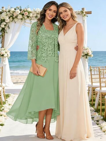 2 Pieces Tea Length Mother of The Bride Dresses with Jacket Chiffon Lace Formal Evening Gown in Saudi Arabia