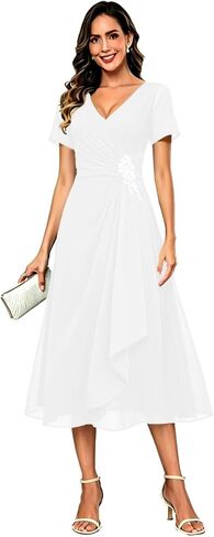 Short Sleeve Mother of The Bride Dresses for Women Beaded Ruffles Chiffon Formal Cocktail Dress for Wedding Guest in Kuwait