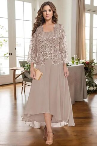 Short Mother of The Bride Dresses for Wedding 2 Piece Lace Applique Formal Evening Gowns BO020 in Saudi Arabia