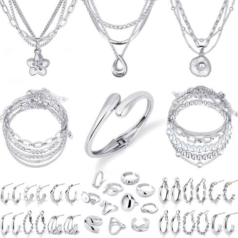 Jewelry Set for Women with Multi Layer Necklaces Bracelets Hoop Earrings Set Stackable Knuckle Rings, 14k Gold Plated Jewerly Set for Everyday Styling and Gifting in Kuwait