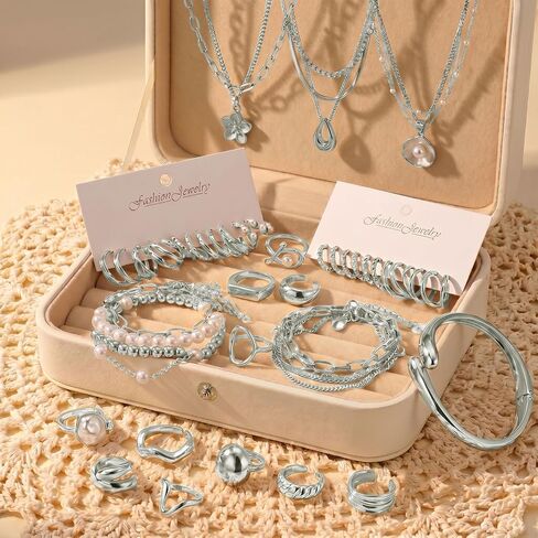 Jewelry Set for Women with Multi Layer Necklaces Bracelets Hoop Earrings Set Stackable Knuckle Rings, 14k Gold Plated Jewerly Set for Everyday Styling and Gifting in Kuwait