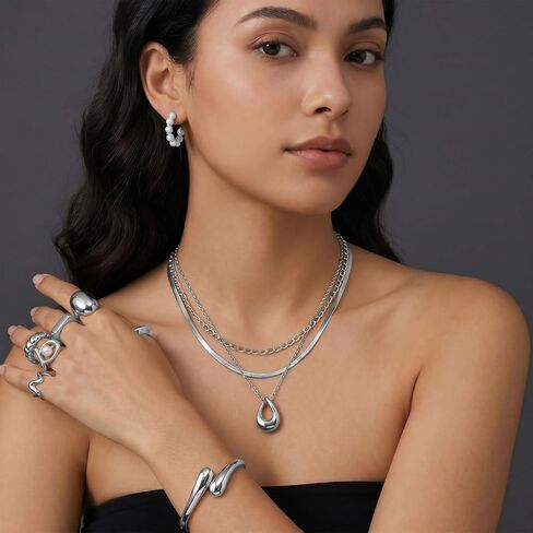 Jewelry Set for Women with Multi Layer Necklaces Bracelets Hoop Earrings Set Stackable Knuckle Rings, 14k Gold Plated Jewerly Set for Everyday Styling and Gifting in Kuwait