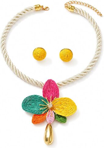 Statement Flower Jewelry Set for Women, 3 PCS Boho Raffia Colorful Floral Teardrop Large Pendant Rope Necklace Spiral Circle Earrings Dopamine Summer Beach Adjustable Trendy Gifts in Kuwait
