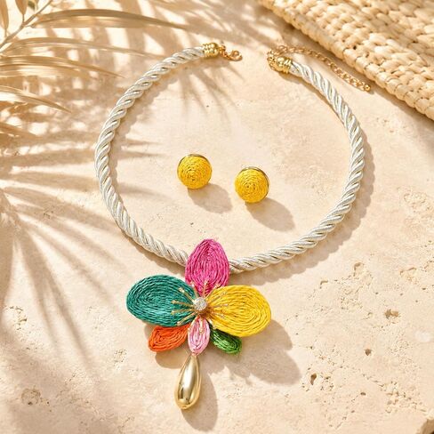 Statement Flower Jewelry Set for Women, 3 PCS Boho Raffia Colorful Floral Teardrop Large Pendant Rope Necklace Spiral Circle Earrings Dopamine Summer Beach Adjustable Trendy Gifts in Kuwait