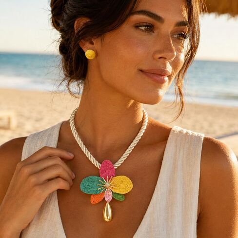 Statement Flower Jewelry Set for Women, 3 PCS Boho Raffia Colorful Floral Teardrop Large Pendant Rope Necklace Spiral Circle Earrings Dopamine Summer Beach Adjustable Trendy Gifts in Kuwait