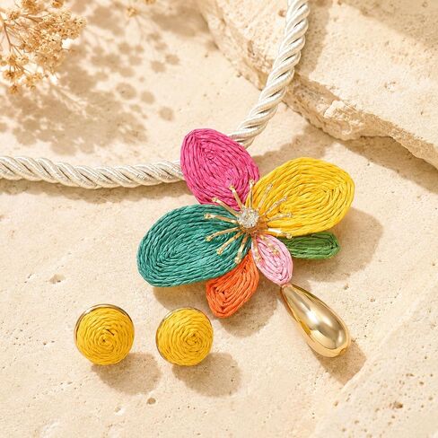 Statement Flower Jewelry Set for Women, 3 PCS Boho Raffia Colorful Floral Teardrop Large Pendant Rope Necklace Spiral Circle Earrings Dopamine Summer Beach Adjustable Trendy Gifts in Kuwait