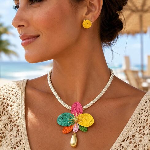 Statement Flower Jewelry Set for Women, 3 PCS Boho Raffia Colorful Floral Teardrop Large Pendant Rope Necklace Spiral Circle Earrings Dopamine Summer Beach Adjustable Trendy Gifts in Kuwait