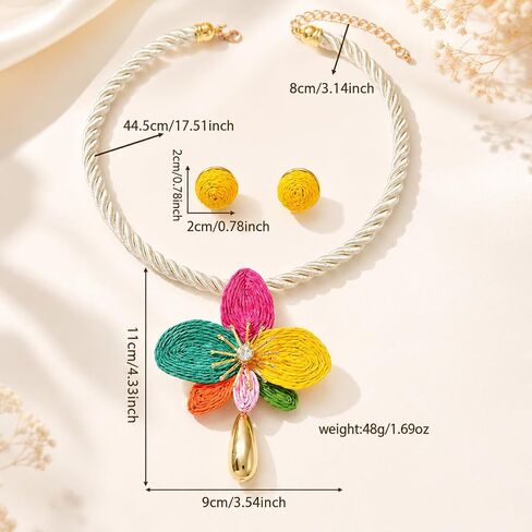 Statement Flower Jewelry Set for Women, 3 PCS Boho Raffia Colorful Floral Teardrop Large Pendant Rope Necklace Spiral Circle Earrings Dopamine Summer Beach Adjustable Trendy Gifts in Kuwait