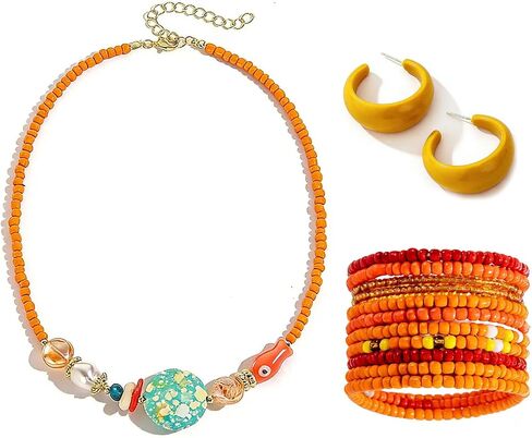 3 Piece Boho Orange Beaded Jewelry Set for Women Summer Beach Necklace Stackable Bracelets and C-Hoop Earrings Perfect for Vacation Festival Wear Vibrant Summer Beach Accessories for Women in Saudi Arabia