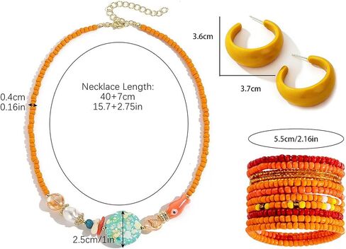 3 Piece Boho Orange Beaded Jewelry Set for Women Summer Beach Necklace Stackable Bracelets and C-Hoop Earrings Perfect for Vacation Festival Wear Vibrant Summer Beach Accessories for Women in Saudi Arabia