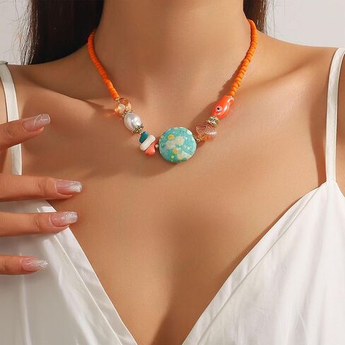 3 Piece Boho Orange Beaded Jewelry Set for Women Summer Beach Necklace Stackable Bracelets and C-Hoop Earrings Perfect for Vacation Festival Wear Vibrant Summer Beach Accessories for Women in Saudi Arabia