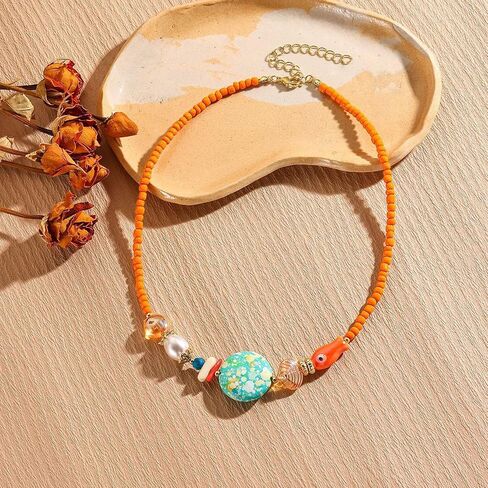 3 Piece Boho Orange Beaded Jewelry Set for Women Summer Beach Necklace Stackable Bracelets and C-Hoop Earrings Perfect for Vacation Festival Wear Vibrant Summer Beach Accessories for Women in Saudi Arabia