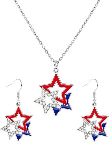 4th of July Necklace Patriotic Rhinestone,Trendy Independence Day Patriotic Dangle Drop Earrings,USA Necklace for Women,Memorial Day Accessories Gifts(2PCS) in Kuwait