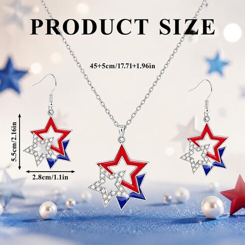 4th of July Necklace Patriotic Rhinestone,Trendy Independence Day Patriotic Dangle Drop Earrings,USA Necklace for Women,Memorial Day Accessories Gifts(2PCS) in Kuwait