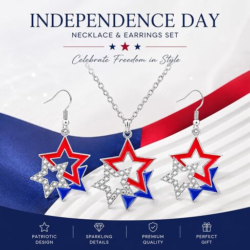 4th of July Necklace Patriotic Rhinestone,Trendy Independence Day Patriotic Dangle Drop Earrings,USA Necklace for Women,Memorial Day Accessories Gifts(2PCS) in Kuwait