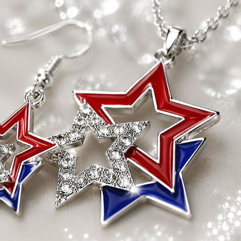 4th of July Necklace Patriotic Rhinestone,Trendy Independence Day Patriotic Dangle Drop Earrings,USA Necklace for Women,Memorial Day Accessories Gifts(2PCS) in Kuwait