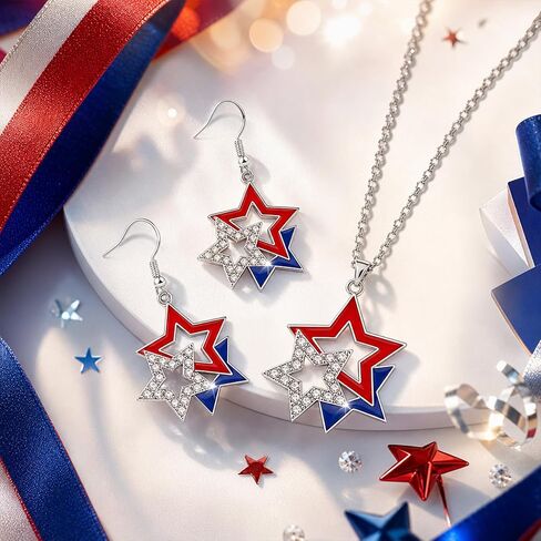 4th of July Necklace Patriotic Rhinestone,Trendy Independence Day Patriotic Dangle Drop Earrings,USA Necklace for Women,Memorial Day Accessories Gifts(2PCS) in Kuwait