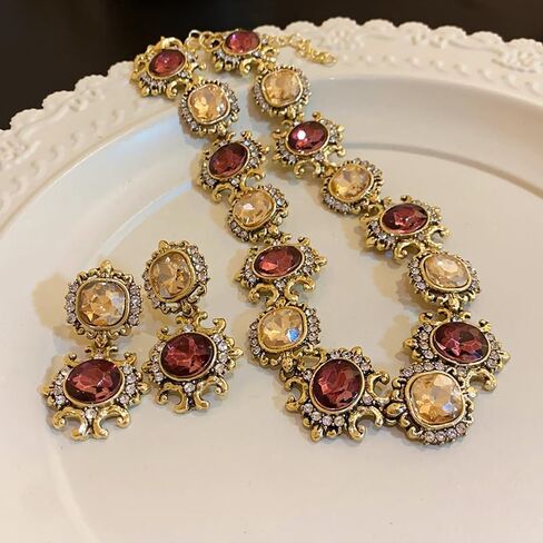 Vintage Gold Chunky Rhinestone Jewelry Set Red And Champagne Gemstone Jewelry Set Luxurious F estival Party Wedding Bridal Accessories in Kuwait