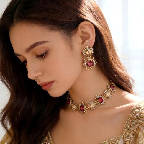 Vintage Gold Chunky Rhinestone Jewelry Set Red And Champagne Gemstone Jewelry Set Luxurious F estival Party Wedding Bridal Accessories in Kuwait