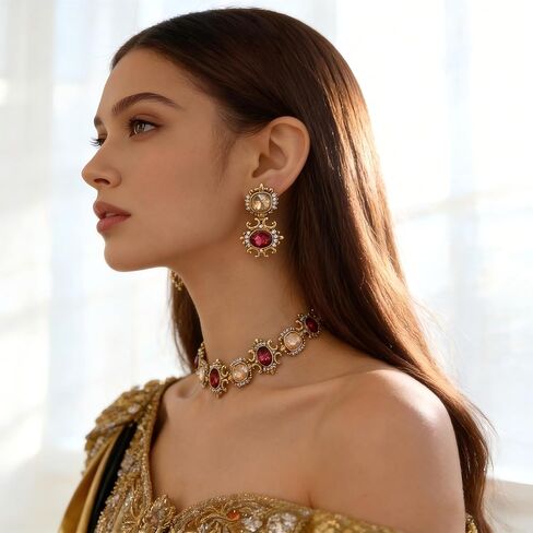Vintage Gold Chunky Rhinestone Jewelry Set Red And Champagne Gemstone Jewelry Set Luxurious F estival Party Wedding Bridal Accessories in Kuwait
