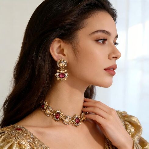 Vintage Gold Chunky Rhinestone Jewelry Set Red And Champagne Gemstone Jewelry Set Luxurious F estival Party Wedding Bridal Accessories in Kuwait