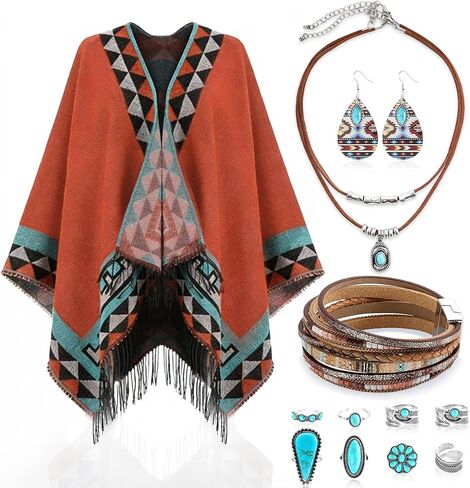 gisgfim 13 PCS Indian Native American Clothing Western Poncho Jewelry Set for Women Open Front Poncho With Turquoise Dangle Earrings Boho Necklace Bracelets Western Outfit Indian Costume for Women in Kuwait