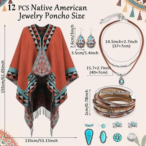 gisgfim 13 PCS Indian Native American Clothing Western Poncho Jewelry Set for Women Open Front Poncho With Turquoise Dangle Earrings Boho Necklace Bracelets Western Outfit Indian Costume for Women in Kuwait