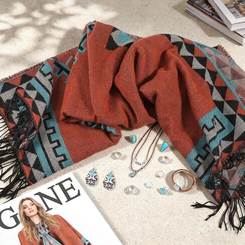 gisgfim 13 PCS Indian Native American Clothing Western Poncho Jewelry Set for Women Open Front Poncho With Turquoise Dangle Earrings Boho Necklace Bracelets Western Outfit Indian Costume for Women in Kuwait