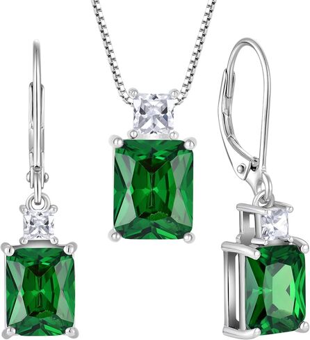 STARCHENIE 925 Sterling Silver Necklace Earrings for Women Princess & Emerald Cut Pendant May Birthstone Created Emerald Jewelry Set in Kuwait