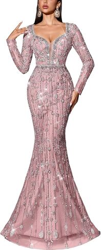Women's V-Neck Sequin Beaded Mermaid Prom Dress Long Sleeve Formal Evening Gown Bodycon Wedding Guest Party Maxi Dress in Saudi Arabia